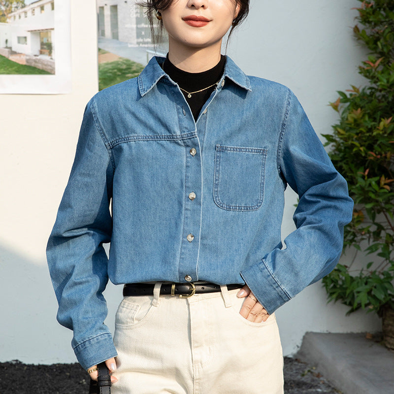 Denim shirt women's inner spring dress new design sense blue coat loose front shoulder stacked shirt long sleeves