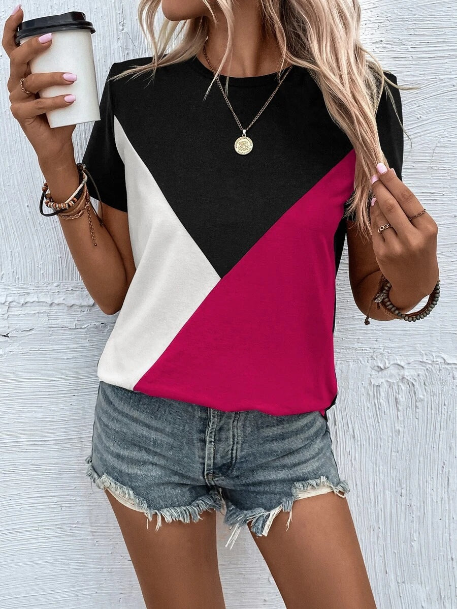 2025 Popular, , New women's clothing summer new contrasting color splicing crew neck T-shirt loose casual women's top
