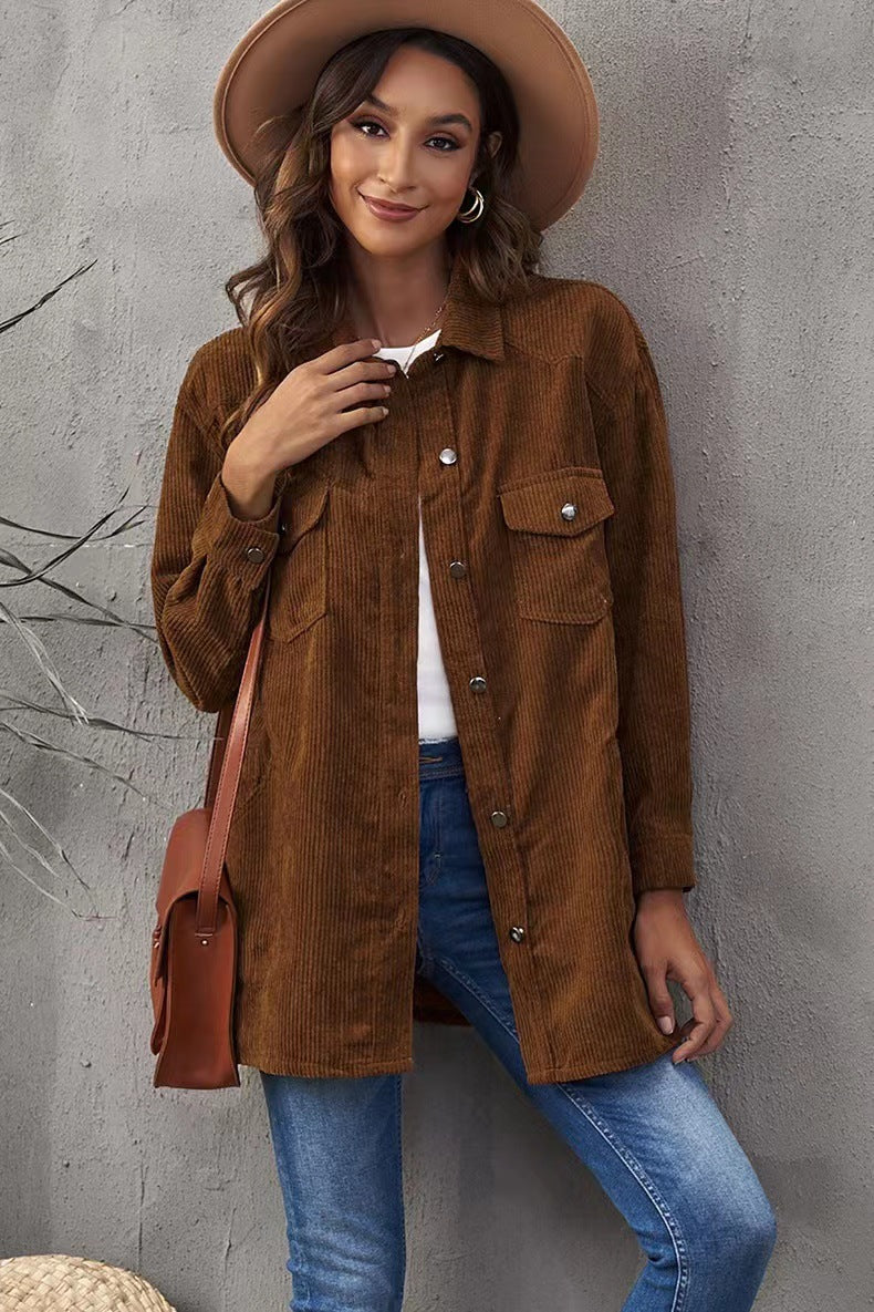 2025 Popular, , autumn and winter new thickened shirt corduroy lapel button loose casual coat women