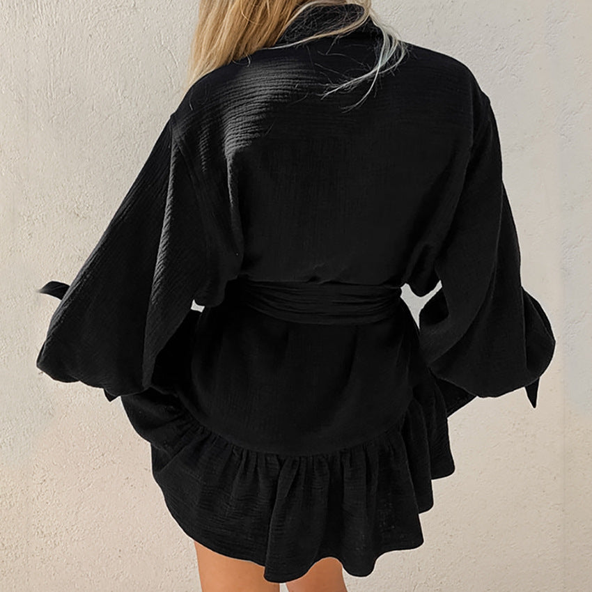 2025 White bubble crepe pure cotton lapel collar lace-up high-waisted dress popular spring and summer fashion new short skirt women's clothing
