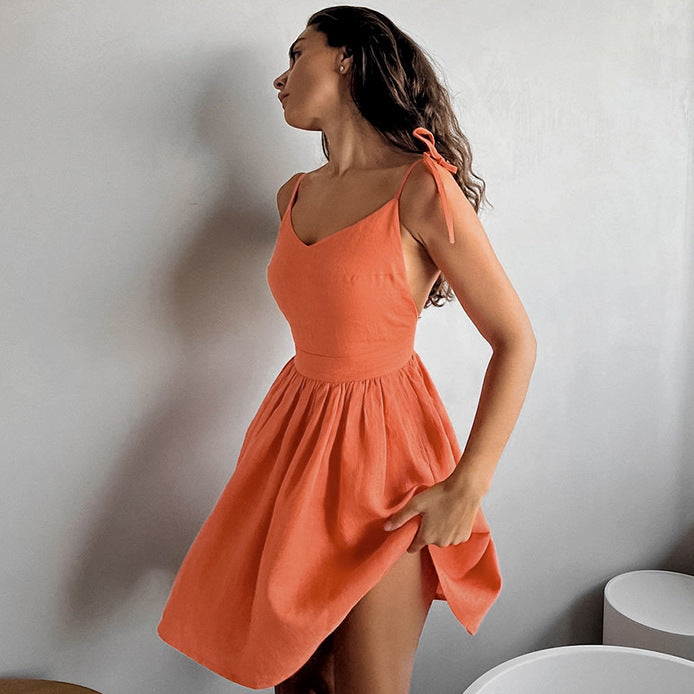 2025 Black cotton and linen V-neck suspender backless high-waisted dress popular spring and summer fashion new wholesale short skirt women