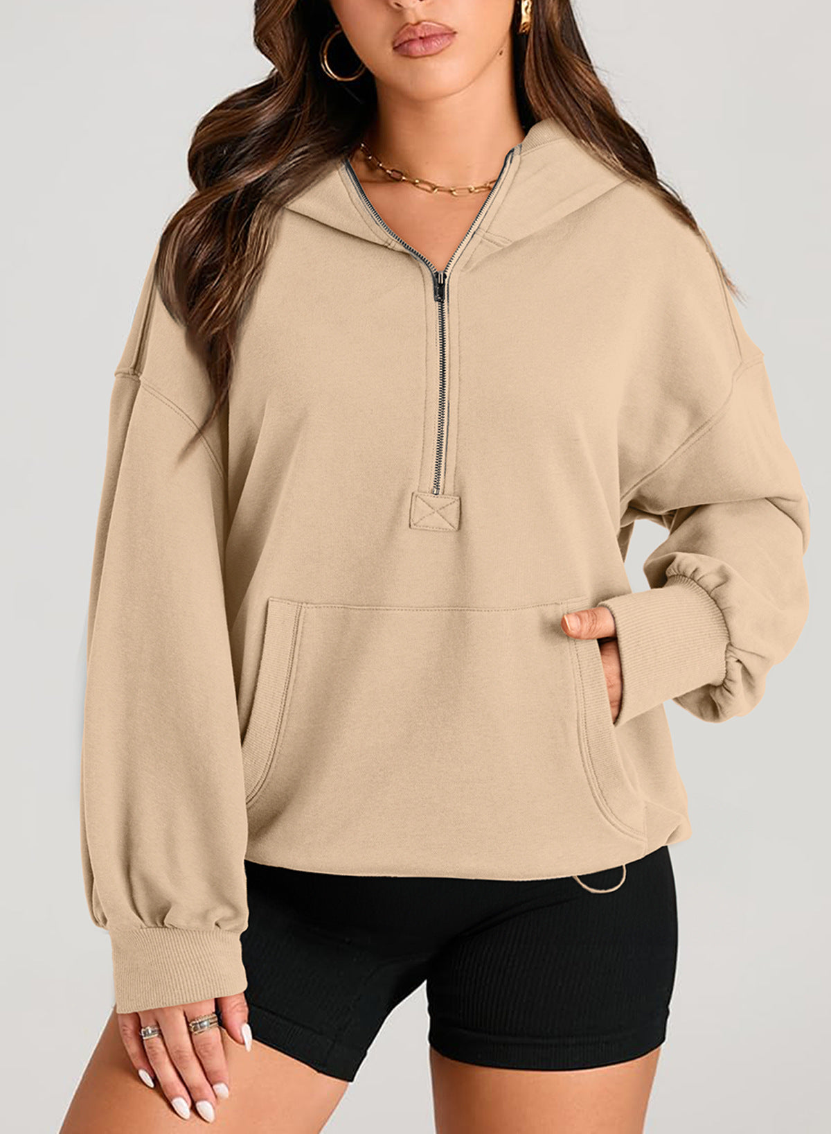 2025 autumn and winter New women's solid color long-sleeved hooded solid color zipper pocket sweater women's top