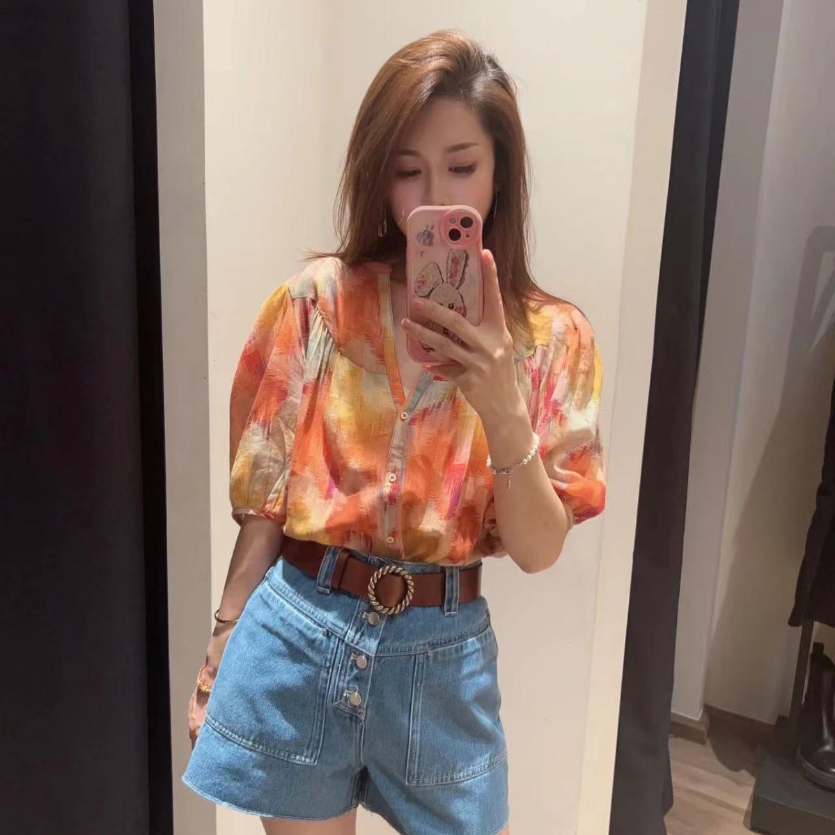 2025 short-sleeved women's BA home new neon gradual change printing t-shirt retro literary bubble sleeve shirt women's shirt