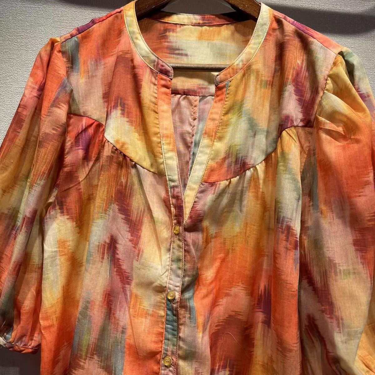 2025 short-sleeved women's BA home new neon gradual change printing t-shirt retro literary bubble sleeve shirt women's shirt