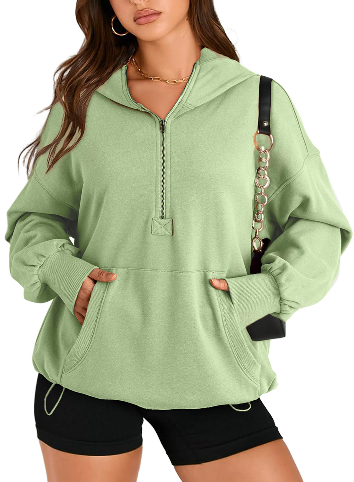 2025 autumn and winter New women's solid color long-sleeved hooded solid color zipper pocket sweater women's top