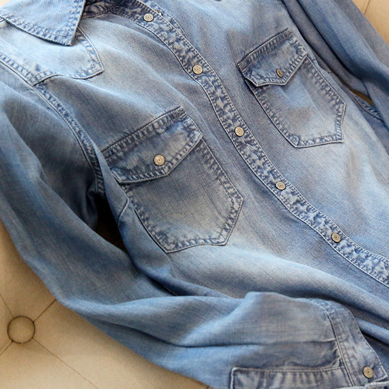 Good goods in the town store! Tencel denim shirt women's long-sleeved inner shirt 2025 spring loose niche Korean version jacket