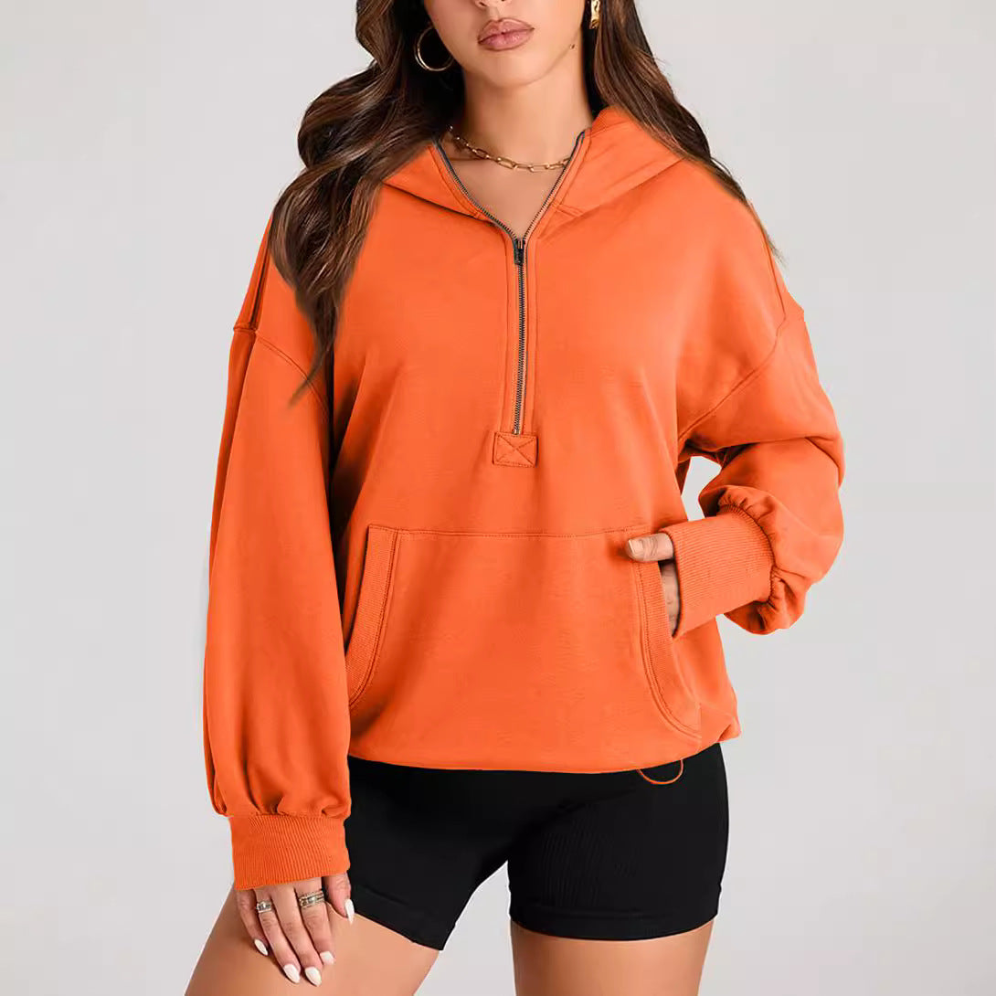 2025 autumn and winter New women's solid color long-sleeved hooded solid color zipper pocket sweater women's top