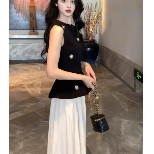 2025 summer new temperament new sleeveless black vest top slim temperament waist skirt suit women's clothing