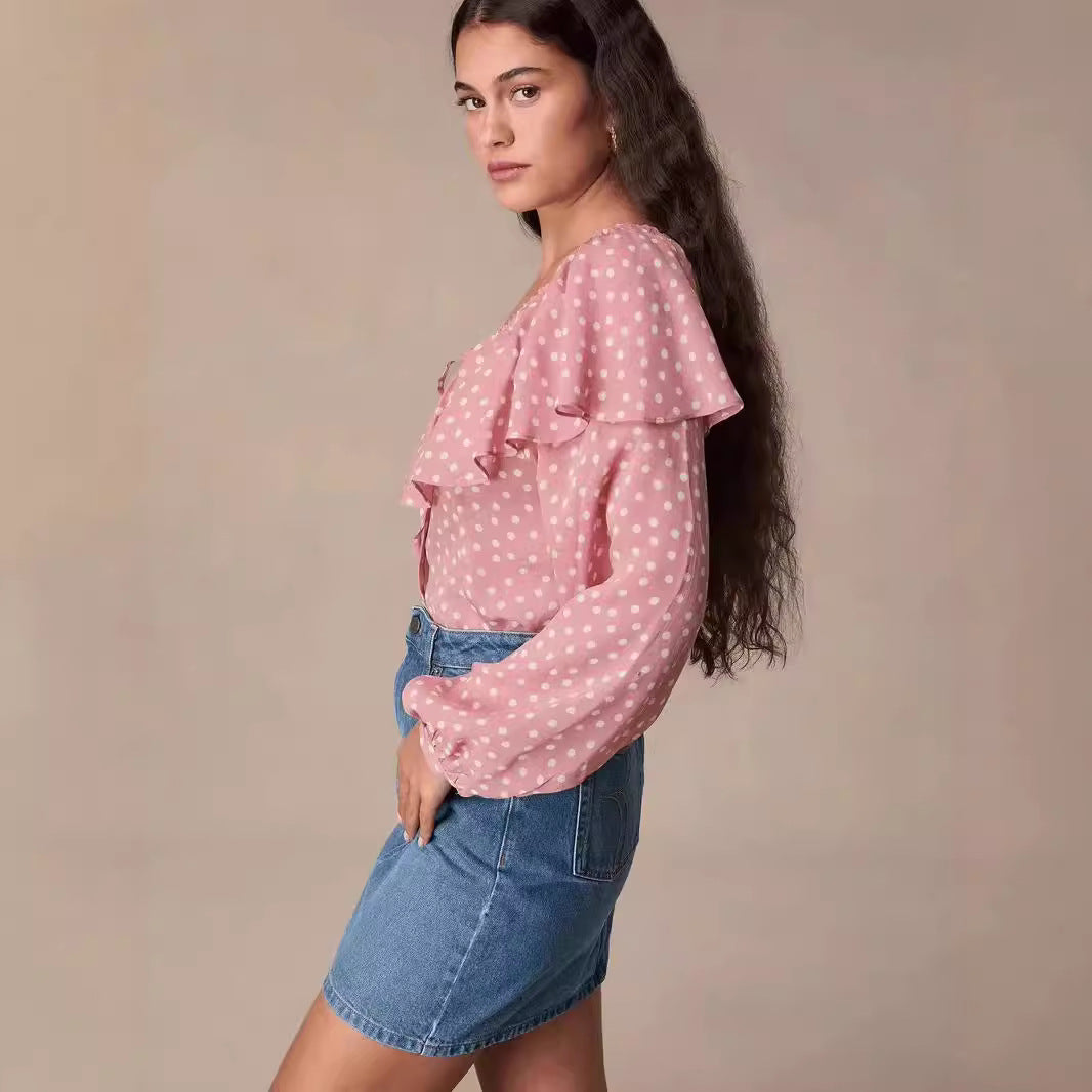 2025 RO24 early autumn new pink polka dot print lapel tie bubble sleeve shirt top women 31985