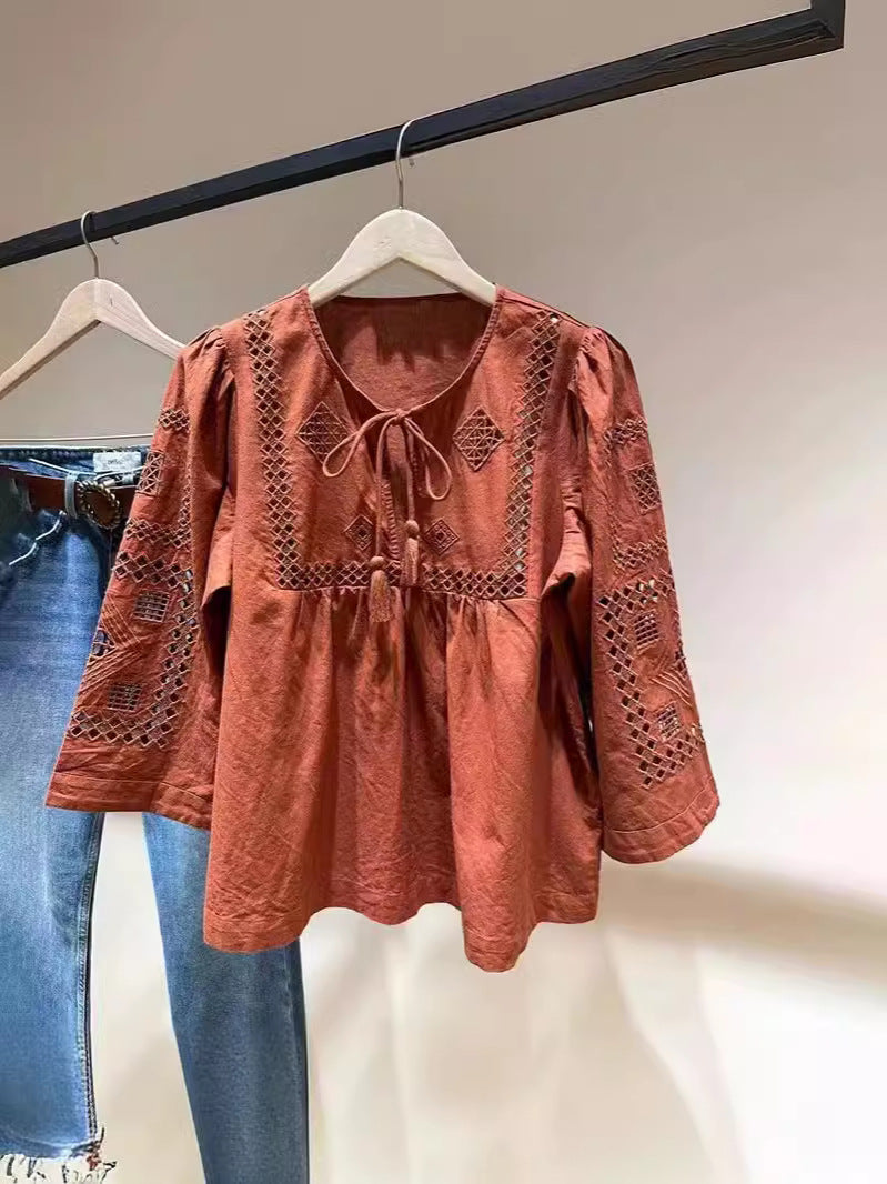 2025 BA Summer 24 New Bohemian Embroidered Tassel Lace-Up Seven-Sleeve Crew Neck Shirt 31887