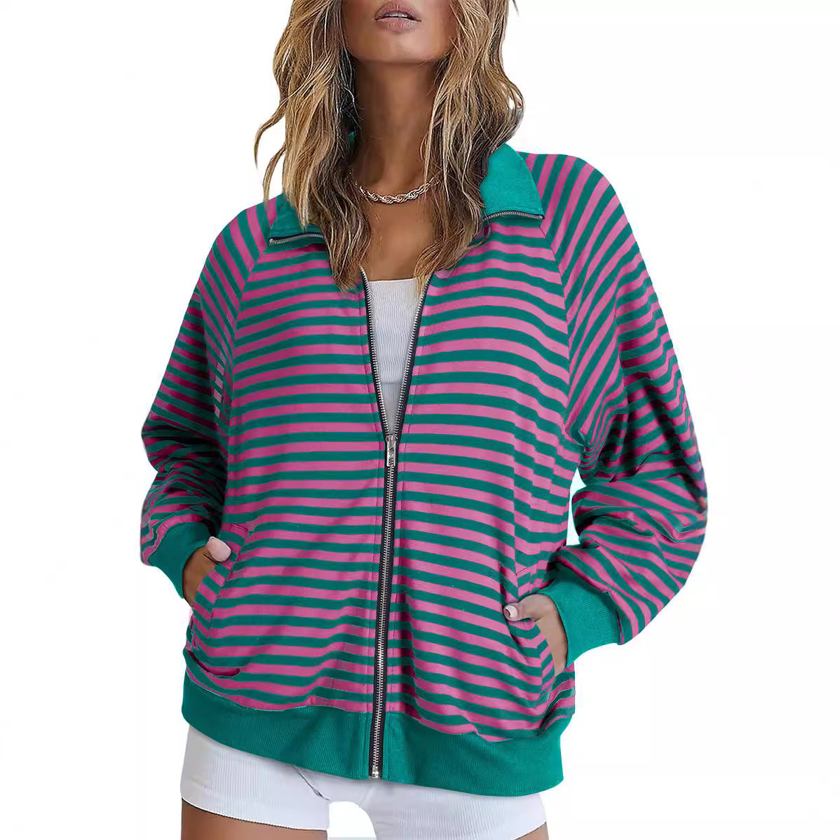 2025 autumn and winter Popular, , New women's clothing new casual shirt striped lapel contrasting cardigan top women