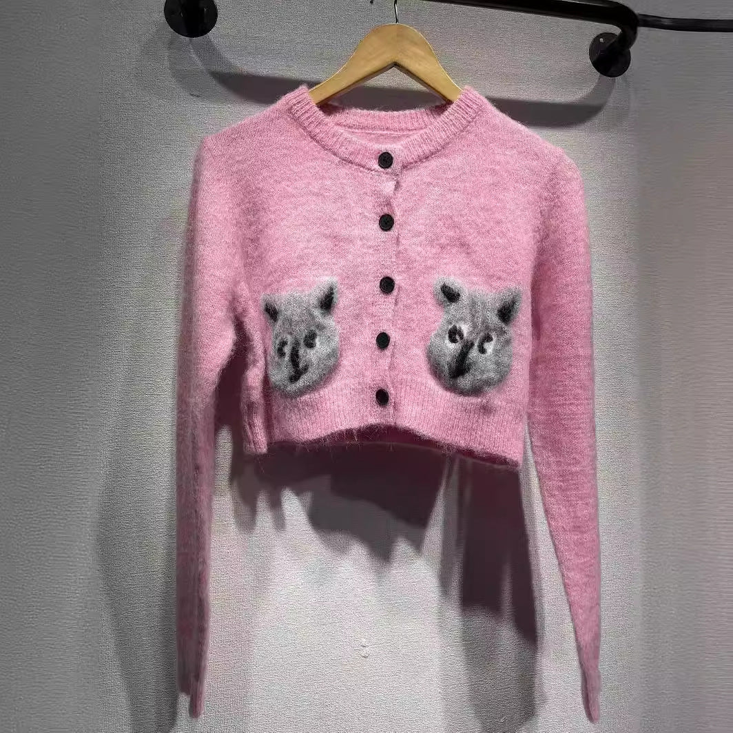 2025 Dong Jie's same knitted sweater cat round neck mohair sweater jacket short slim cardigan sweater inside and outside