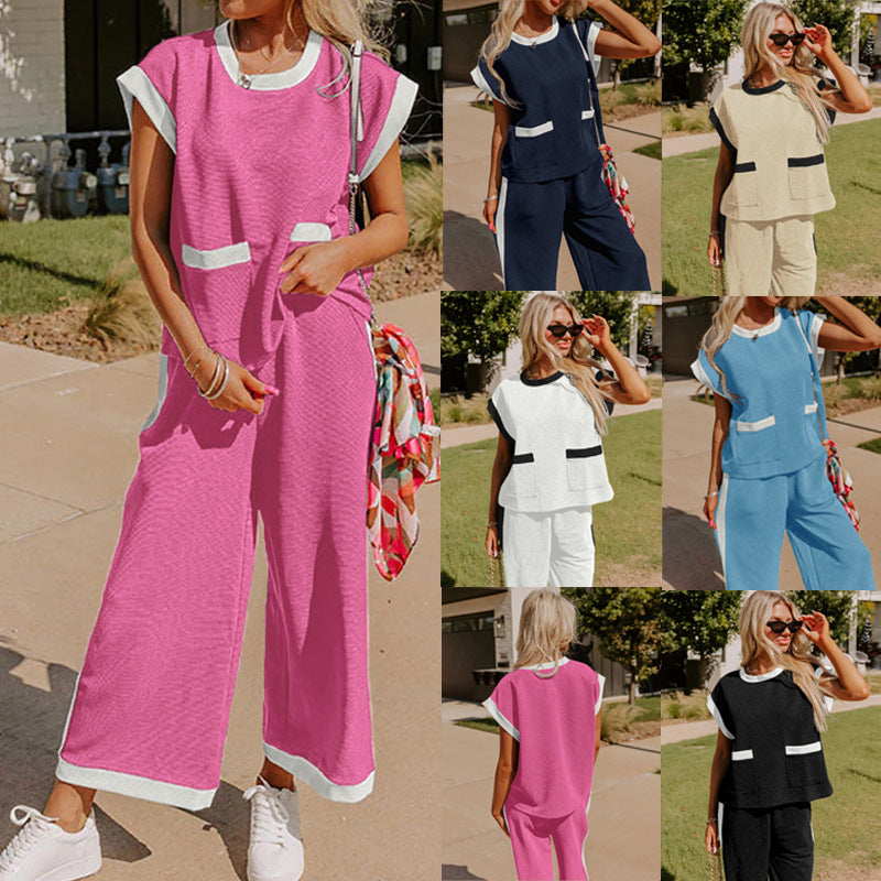 2025 spring and summer New Popular trade color matching pocket shoulder sleeves round neck wide-leg pants waffle suit women