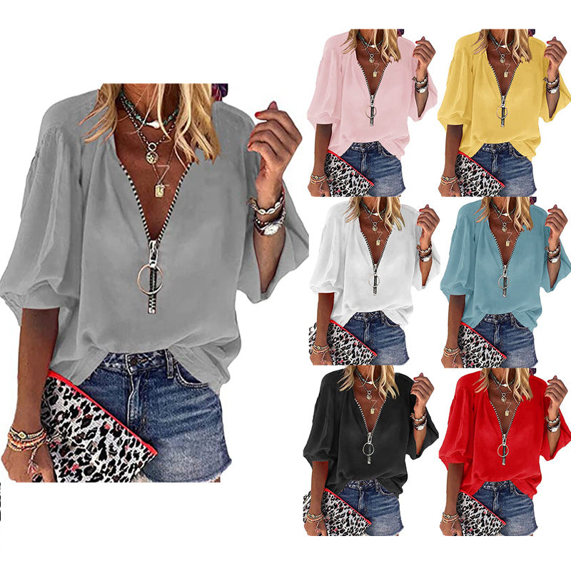 2025 Popular, , spring and summer new solid color long-sleeved V-neck zipper women's shirt women's top