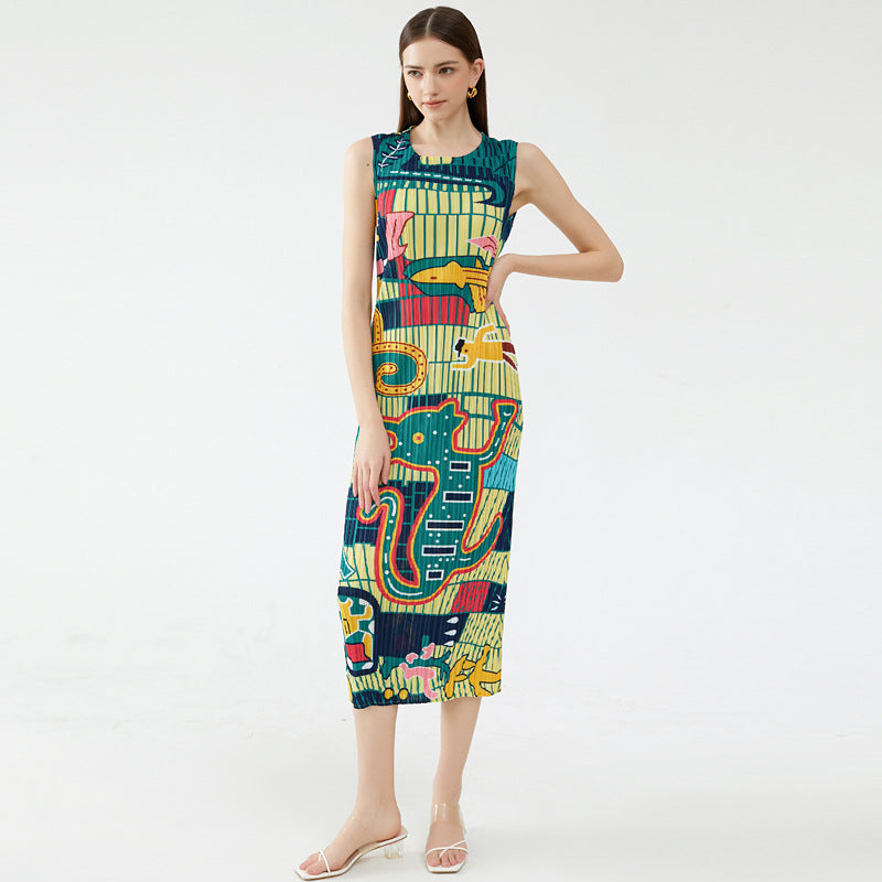 summer new elegant animal waist slim slim round neck temperament pleated casual style dress women