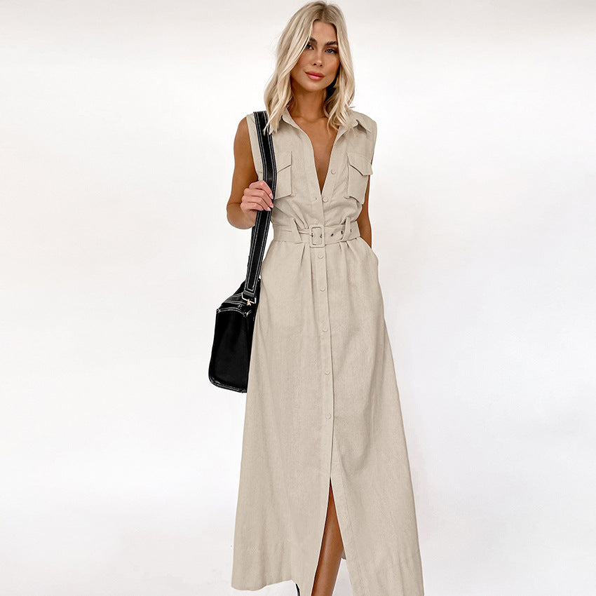 2025 Khaki cotton and linen sleeveless temperament belt lapel high waist dress popular spring fashion Popular trade dress
