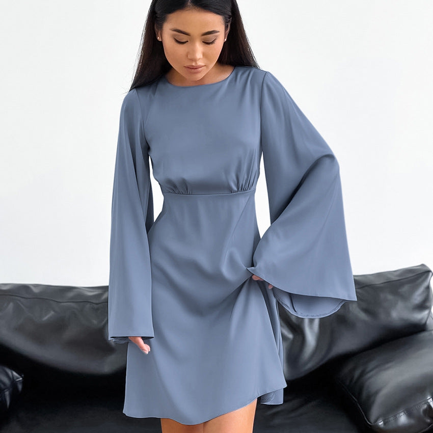 2025 Blue satin matte imitation silk horn sleeve casual dress new autumn fashion short skirt women