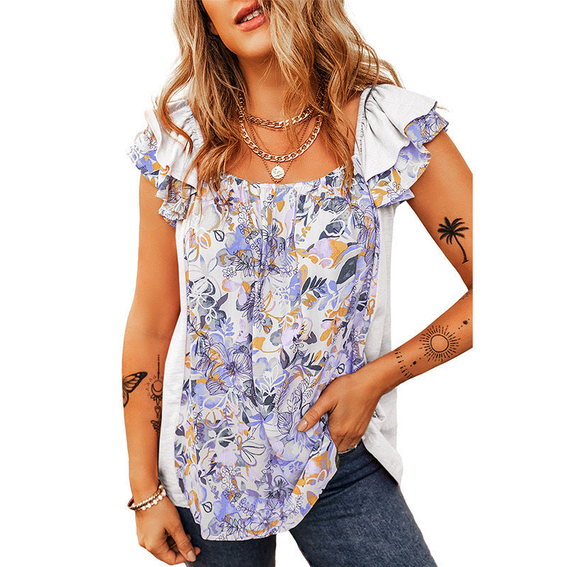 2025 spring and summer New Popular trade pleated short-sleeved bohemian flower printed vest T-shirt top