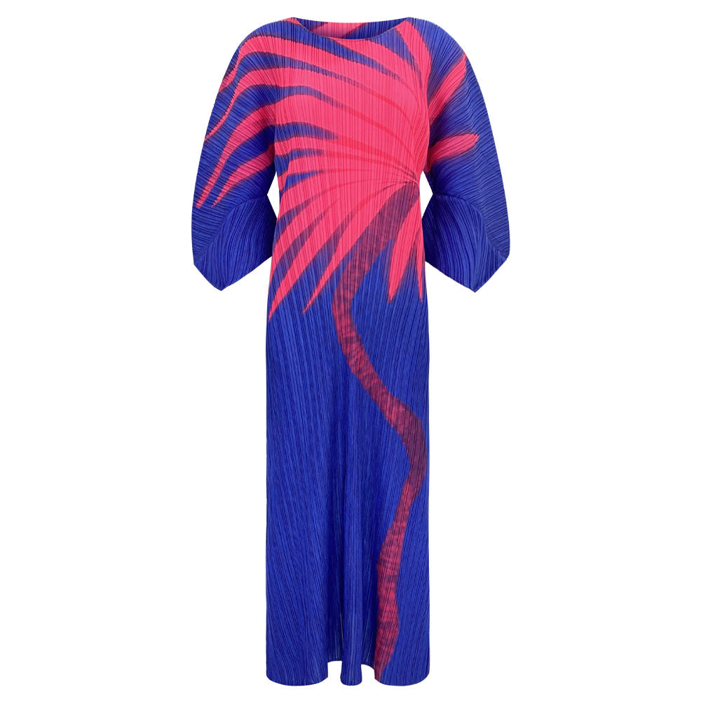 Summer women's skirt high-end fashion New casual style large-size dress pleated print crew neck a-shaped skirt