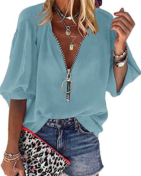 2025 Popular, , spring and summer new solid color long-sleeved V-neck zipper women's shirt women's top