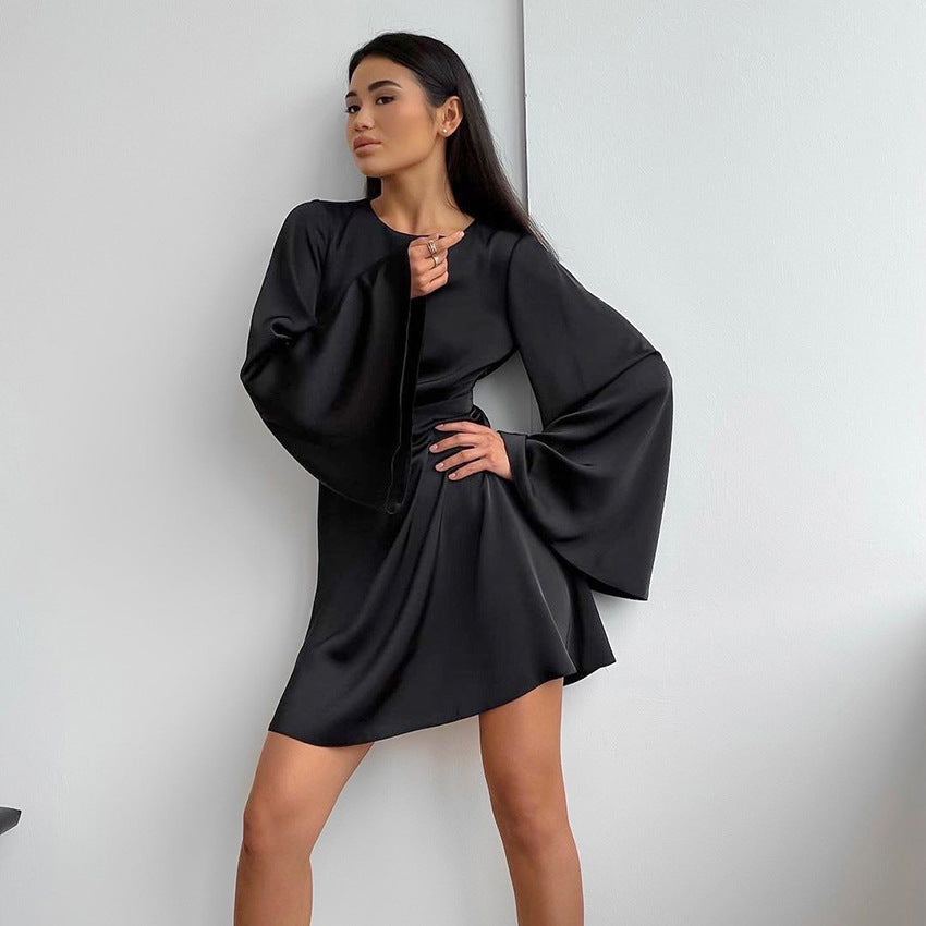 2025 Blue satin matte imitation silk horn sleeve casual dress new autumn fashion short skirt women