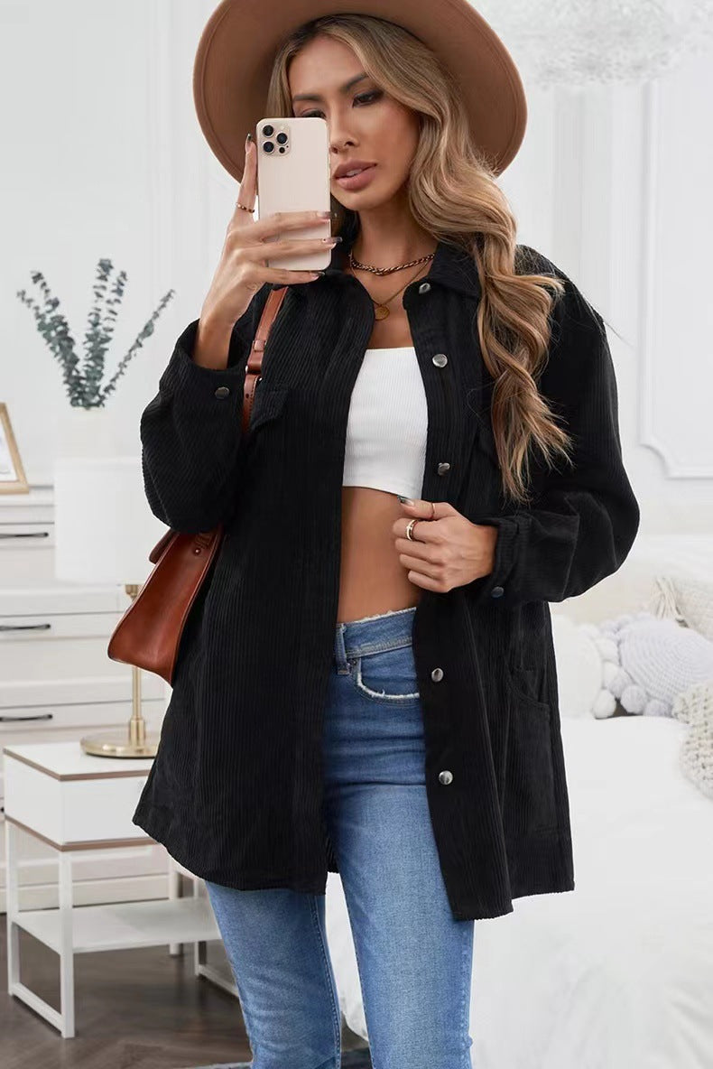 2025 Popular, , autumn and winter new thickened shirt corduroy lapel button loose casual coat women
