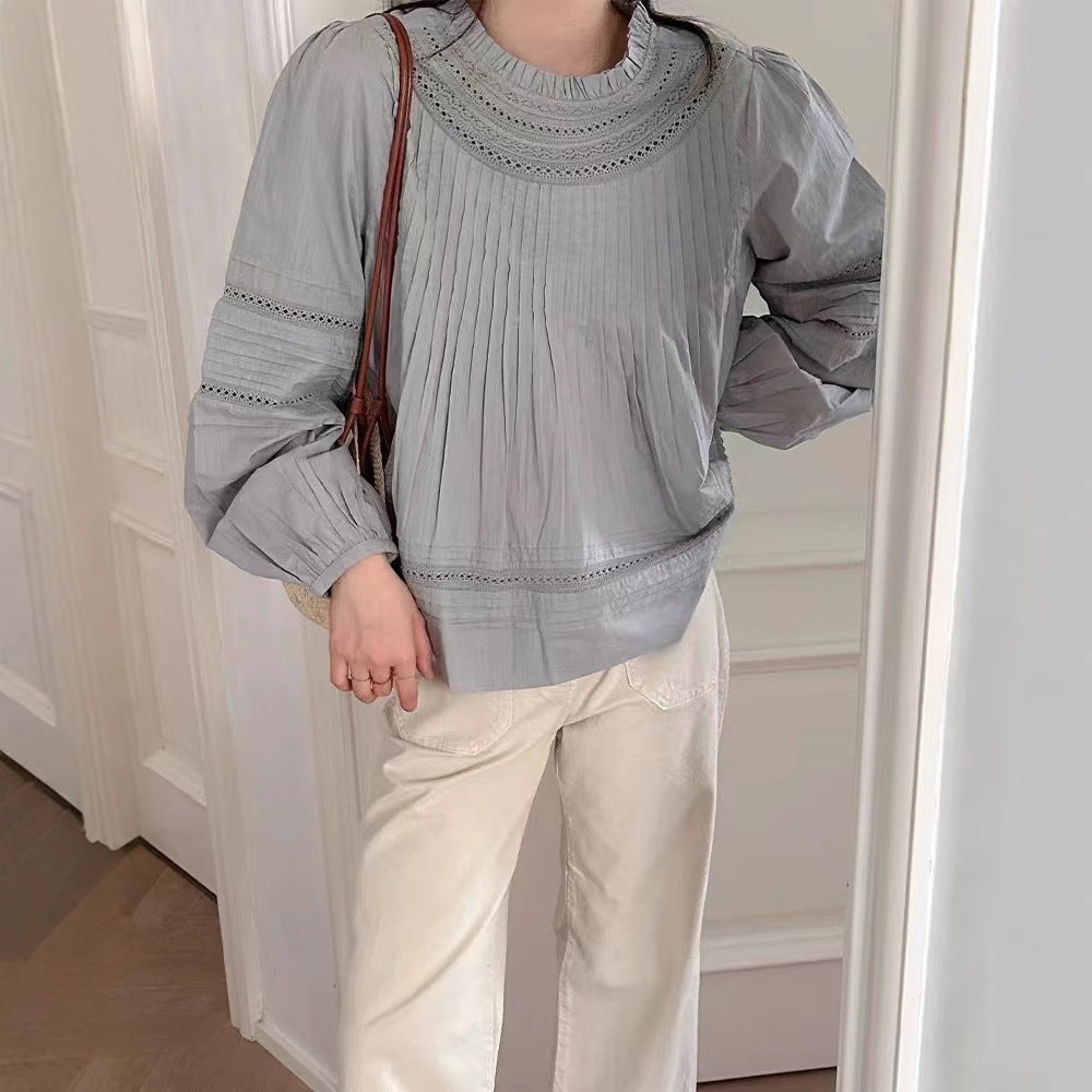 2025 shirt in autumn and winter of 24 years, new hollow splicing pleated fungus edge bubble sleeves cotton fixed-dyed shirt and top