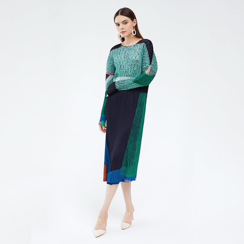 new spring women's clothing pleated printed long dress fashion skirt niche contrasting color thin long-sleeved dress women