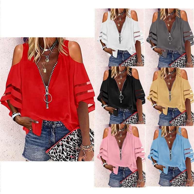 2025 Popular, , 's new V-neck zipper shirt, half-flared sleeve grid splicing, loose casual shirt women
