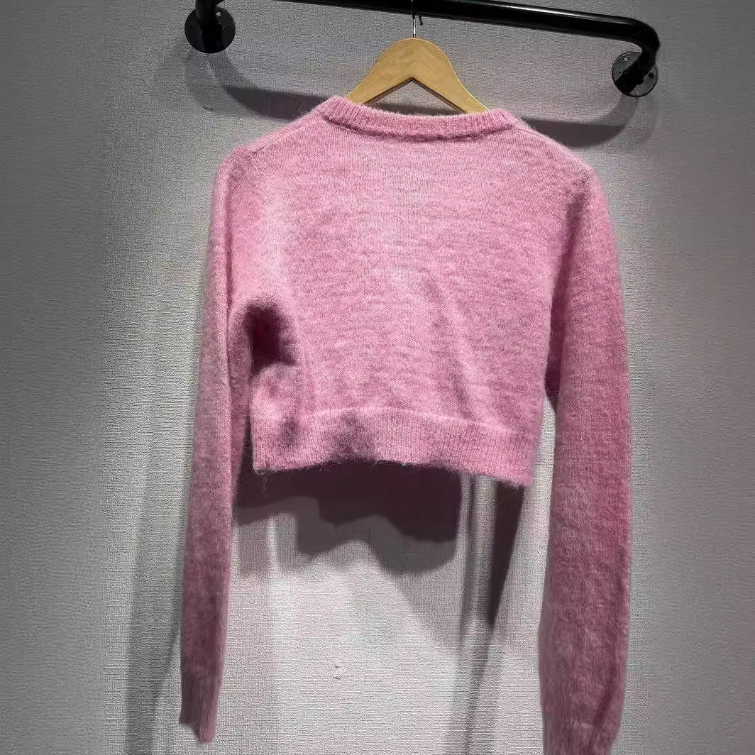 2025 Dong Jie's same knitted sweater cat round neck mohair sweater jacket short slim cardigan sweater inside and outside