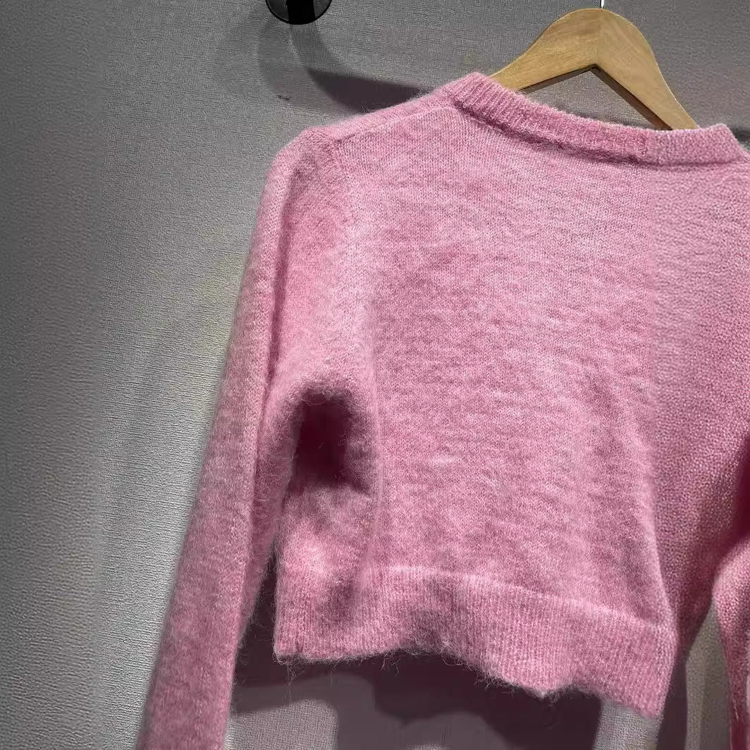 2025 Dong Jie's same knitted sweater cat round neck mohair sweater jacket short slim cardigan sweater inside and outside