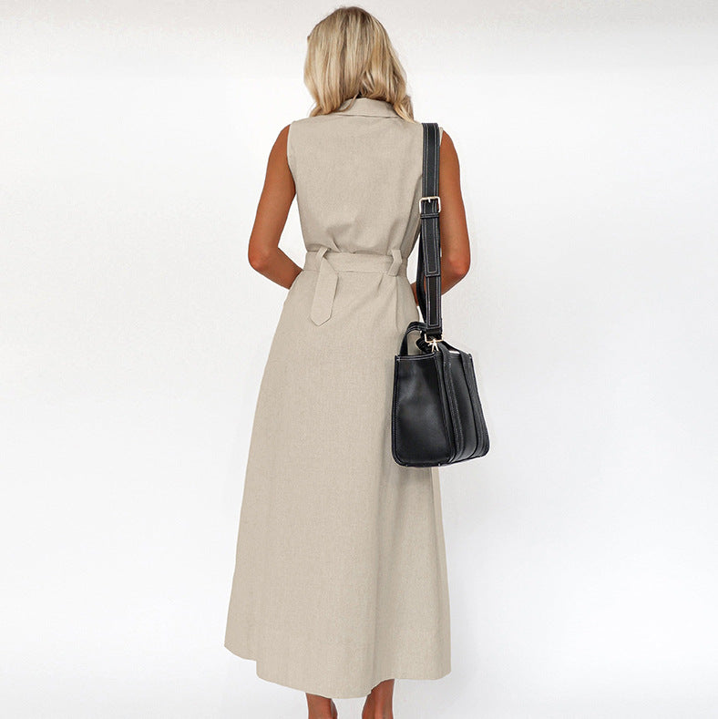 2025 Khaki cotton and linen sleeveless temperament belt lapel high waist dress popular spring fashion Popular trade dress