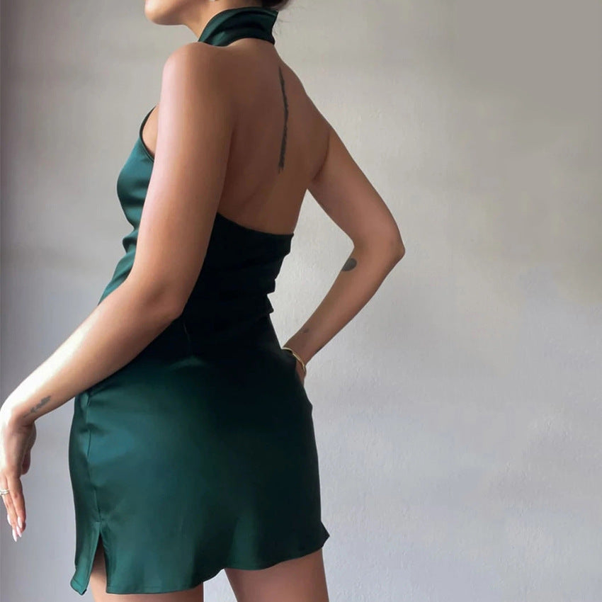2025 summer neck skirt satin sexy slim sleeveless temperament fashion hip dress women's clothing