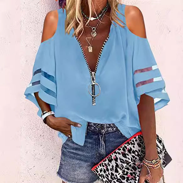 2025 Popular, , 's new V-neck zipper shirt, half-flared sleeve grid splicing, loose casual shirt women