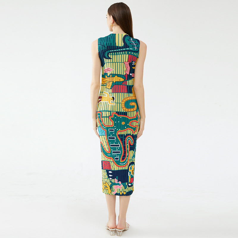 summer new elegant animal waist slim slim round neck temperament pleated casual style dress women