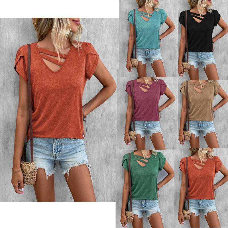 2025 Popular, , New women's clothing summer new solid color V-neck splicing petal sleeves loose t-top women