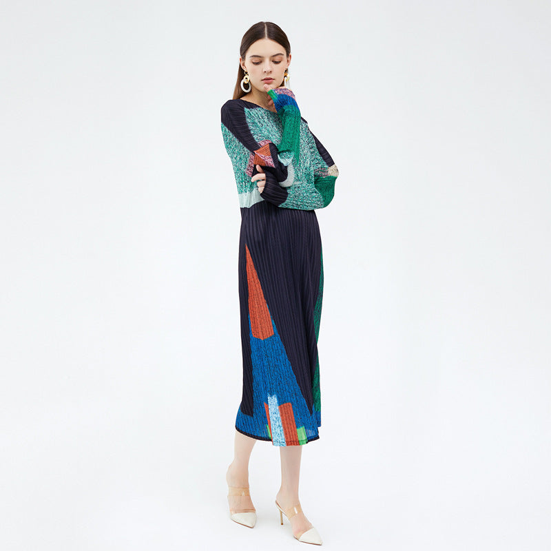 new spring women's clothing pleated printed long dress fashion skirt niche contrasting color thin long-sleeved dress women