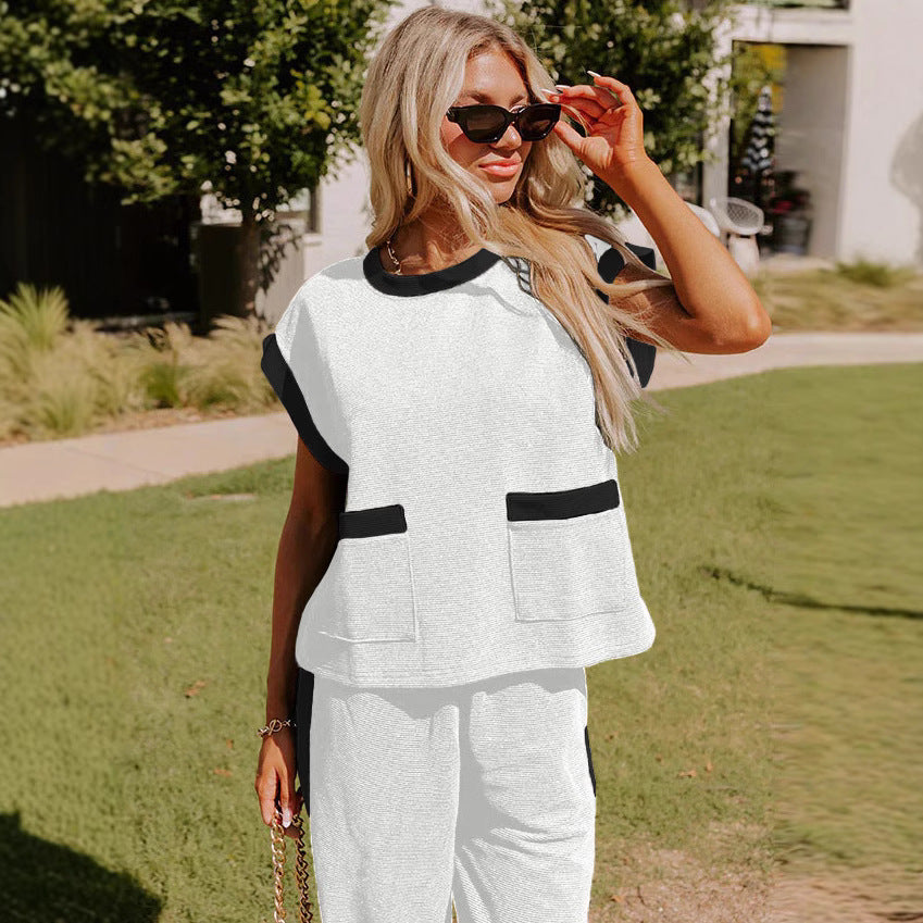 2025 spring and summer New Popular trade color matching pocket shoulder sleeves round neck wide-leg pants waffle suit women