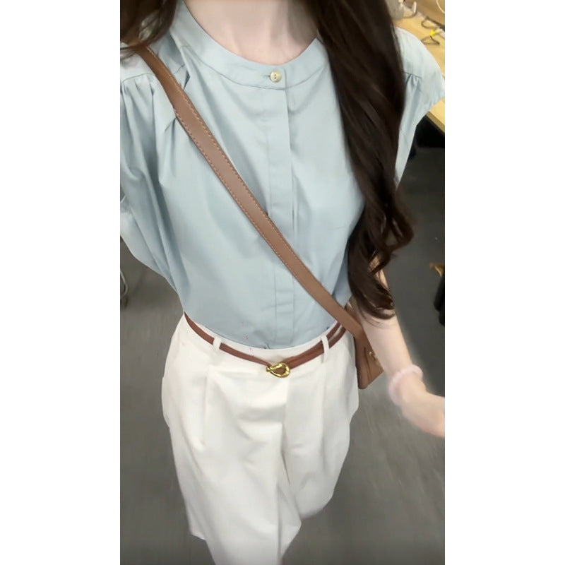 Blue sleeveless shirt women's summer 2025 new design sense niche top high waist casual versatile skirt