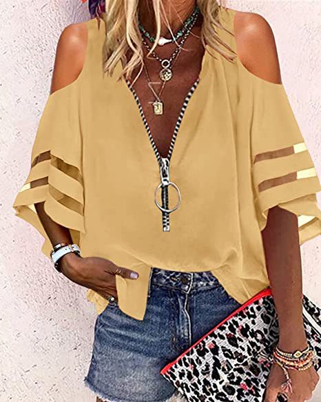 2025 Popular, , 's new V-neck zipper shirt, half-flared sleeve grid splicing, loose casual shirt women
