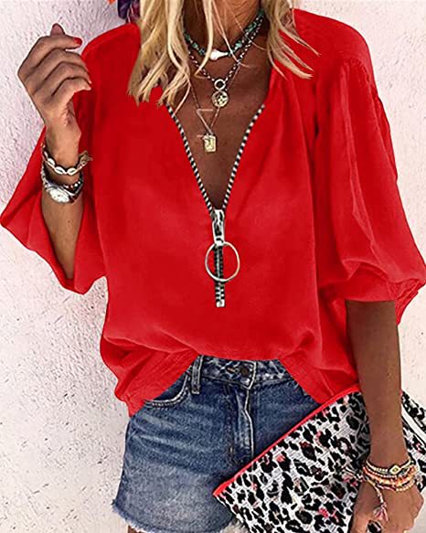 2025 Popular, , spring and summer new solid color long-sleeved V-neck zipper women's shirt women's top