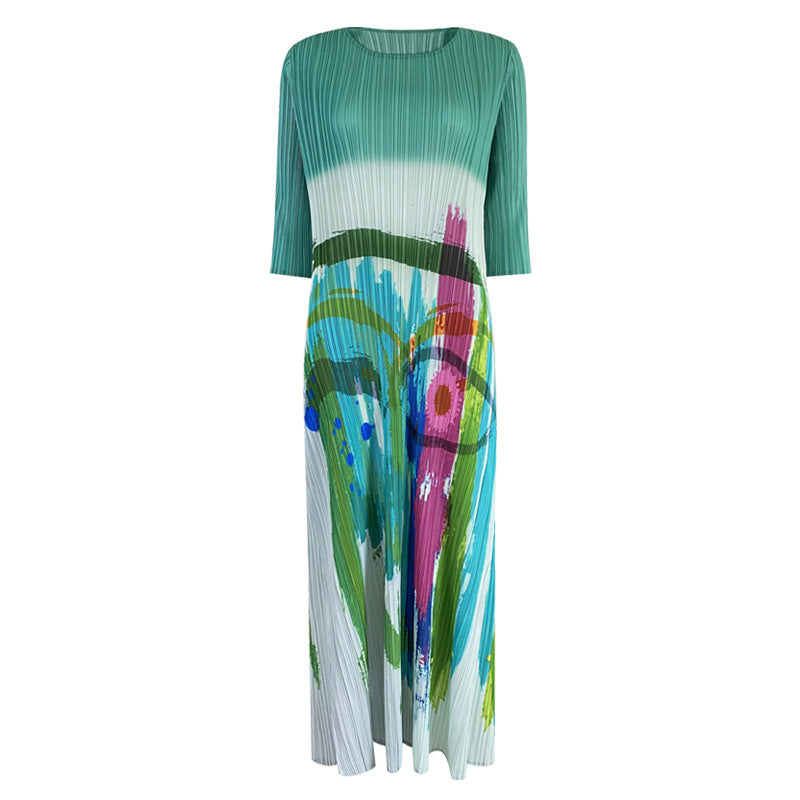 Fashion niche oil painting dress women's spring thin temperament long dress new high-end printed skirt