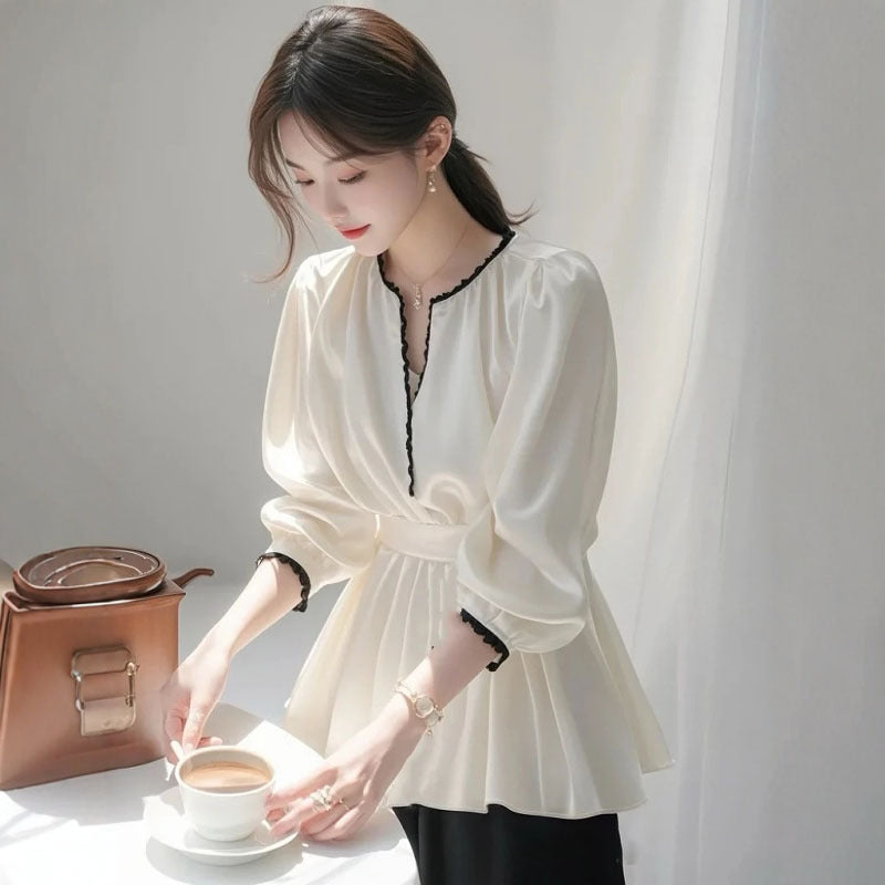 2025 new spring unique super good-looking temperament top high-end sense small fragrance versatile white satin shirt women