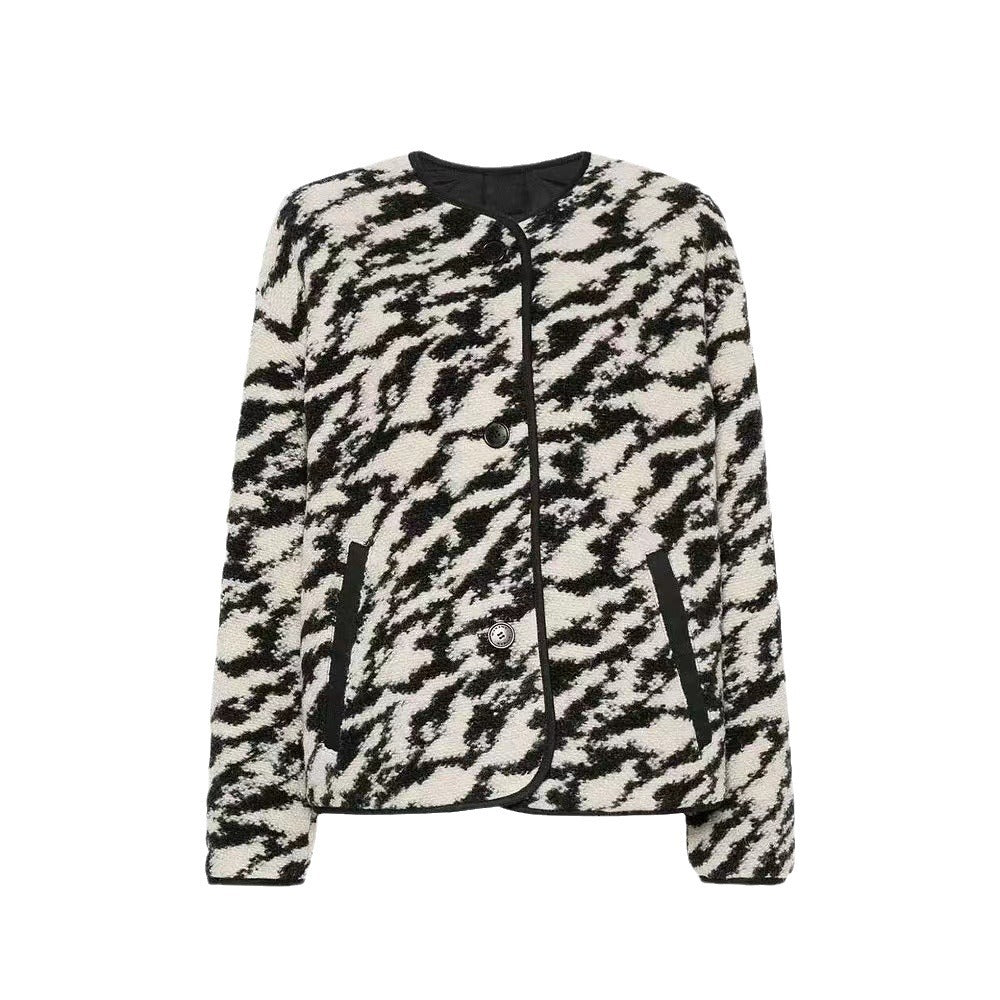2025 IS24 early autumn new zebra pattern jacket double-sided fleece round neck wool blend cotton jacket