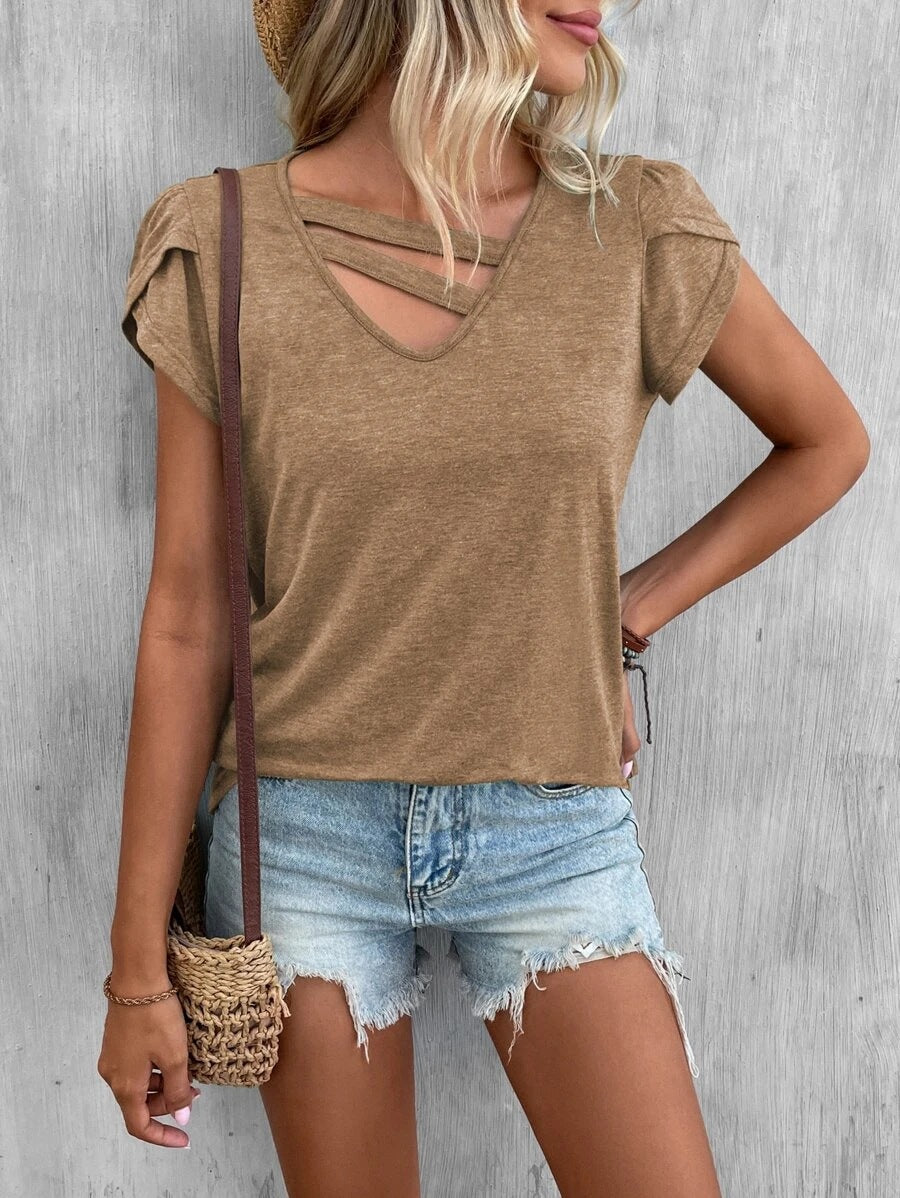 2025 Popular, , New women's clothing summer new solid color V-neck splicing petal sleeves loose t-top women