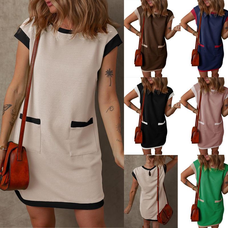 2025 spring and summer New Popular trade pullover pocket cover sleeve color matching straight T-shirt mini dress women