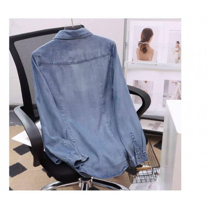 Good goods in the town store! Tencel denim shirt women's long-sleeved inner shirt 2025 spring loose niche Korean version jacket