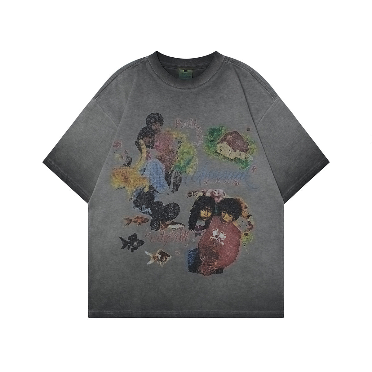 T1080 2025n Street Tide 2025 Summer Vintage Couple Washing Craft Plain Character Design Men's Loose Short Sleeve T-Shirt