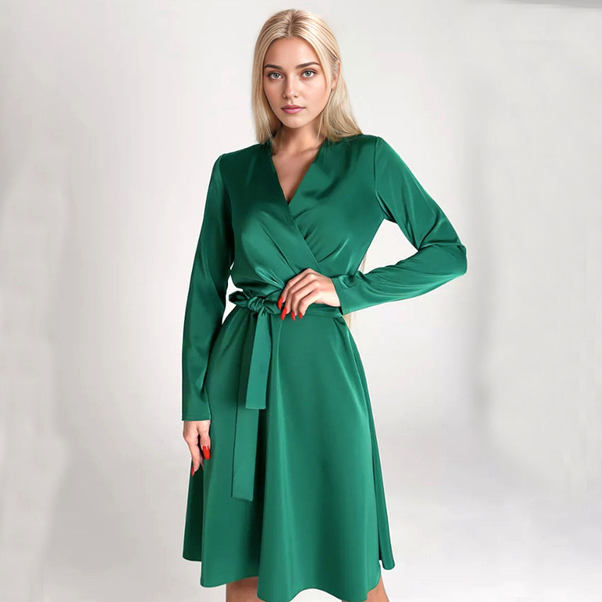 2025 Green satin V-neck lantern sleeve lace-up apron dress popularwildberries spring hot new products women