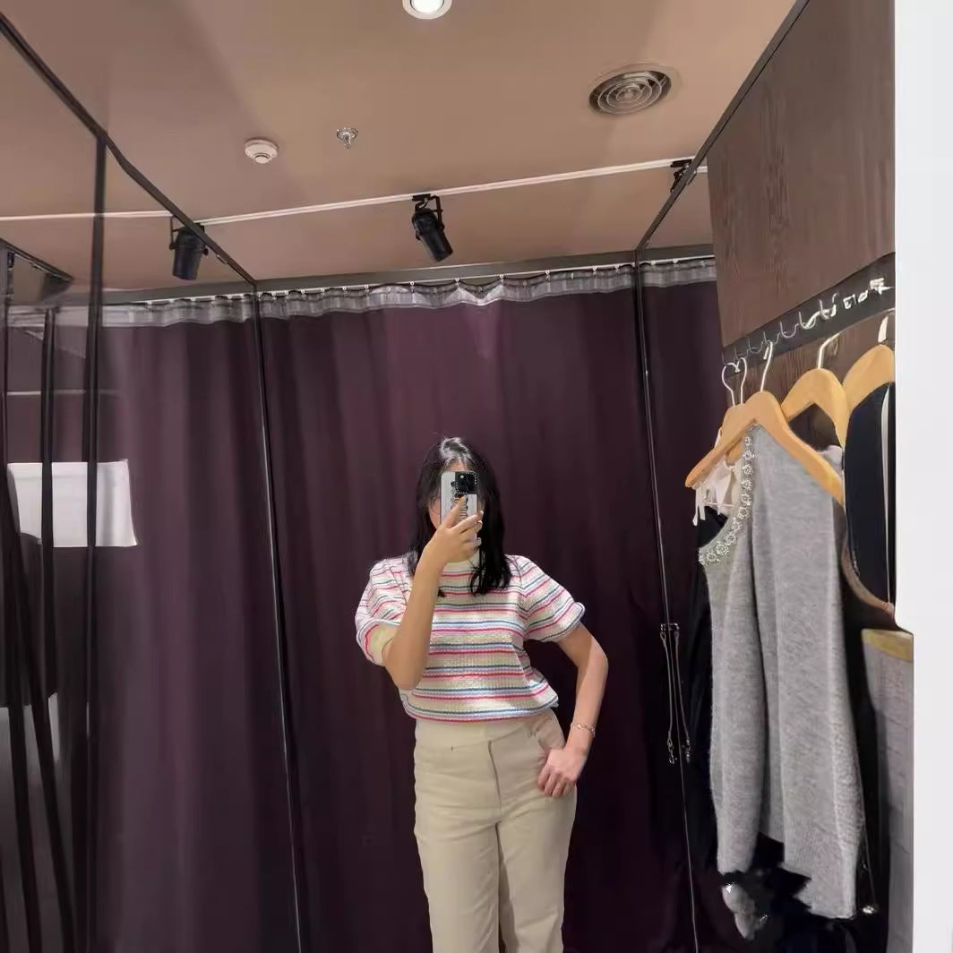 2025 Knitted Short Sleeve Summer OS Scaled Edge Crew Neck Skinny Rainbow Edge Bubble Sleeve Sweet Knitted Sweater Top